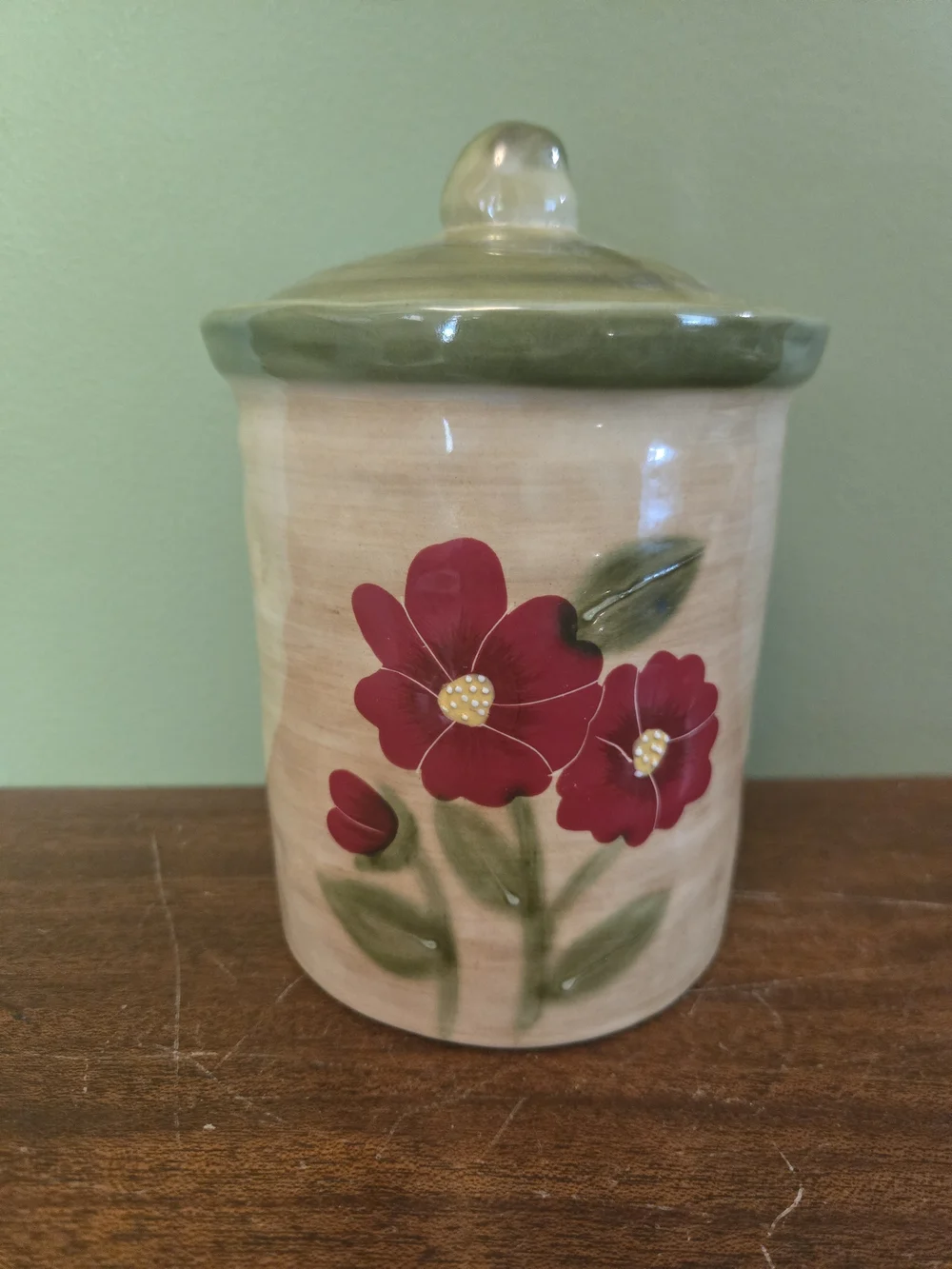 Ambience Fleur Rustique Red Poppy Recollections Cream Ceramic Jar with Green Lid